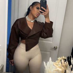 PU Leather Solid Color Casual Coat For Women (Option: Dark brown-M)