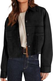 European And American Style Women Faux Suede Short Jacket Casual Lightweight Autumn Fashion (Option: Black-M)