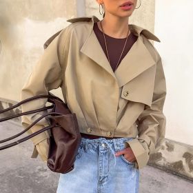 Women's Khaki Double Breasted Blazer Collar Coat (Option: Khaki-M)