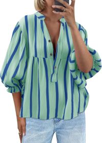 Women's Striped Shirt Puff Sleeve Loose Top (Option: Light Green-M)