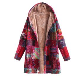Women's Cotton And Linen Printed Hoodie Warm Plush Coat (Option: Red-M)