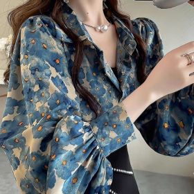 Niche Floral Top Temperament Slimming Lantern Sleeves Shirt (Option: Peacock Blue-XL)