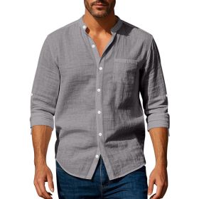 Long Sleeve Stand Collar Shirt With Pockets Casual Men's Clothing (Option: Dark Gray-M)
