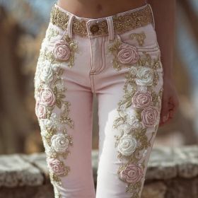 Women's Retro Pink Rose Embroidered Artistic Printed Jeans Elegant (Option: Pink-5XL)