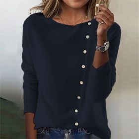 Elegant Round Neck Long Sleeve Button Sweater For Women Fall Spring Knitted Sweaters Tops (Option: Dark blue-M)