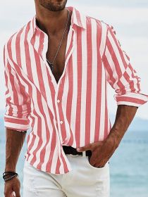 Men's Yarn-dyed Striped Casual Loose Long-sleeved Shirt (Option: HDCS05 Red-M)