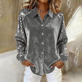 Women's Fashion Sequins Long Sleeve Blouses Casual Solid Long Sleeve Turn-down Collar Button Shirts Top Women Holiday Streetwear Clubwear Clothes (Option: Gray-M)
