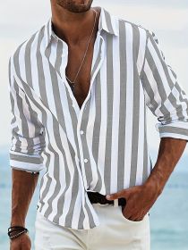 Men's Yarn-dyed Striped Casual Loose Long-sleeved Shirt (Option: HDCS05 Light Gray-M)