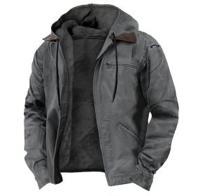 Winter Hooded Coat With Pockets Fashion Warm Fleece Zip-up Jacket Casual Outwear Men's Clothing (Option: Gray-M)
