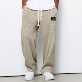 Waffle Straight Pants Fashion Brand Loose Loose  Drawstring Pockets Trousers Casual Men's Clothing (Option: Khaki-M)