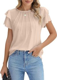 Summer Pleated Short Sleeve Round Neck Top Business Work Shirt (Option: Apricot-M)