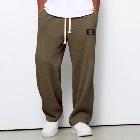 Waffle Straight Pants Fashion Brand Loose Loose  Drawstring Pockets Trousers Casual Men's Clothing (Option: Dark brown-M)