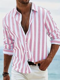 Men's Yarn-dyed Striped Casual Loose Long-sleeved Shirt (Option: HDCS05 Pink-M)