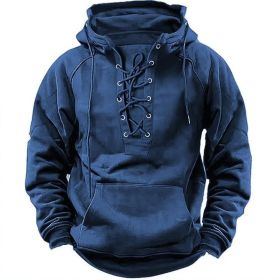 Ins Lace-up Hoodie Casual Sports Pocket Sweatshirt Men's Long-sleeved Top Clothing (Option: Blue-M)