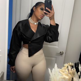 PU Leather Solid Color Casual Coat For Women (Option: Black-M)