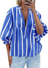Women's Striped Shirt Puff Sleeve Loose Top (Option: Blue-M)