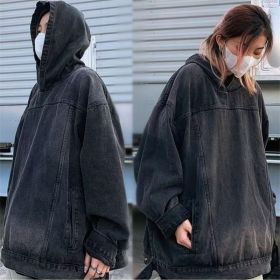 Men's Fashion Retro Hooded Denim Jacket Top (Option: Black-XL)