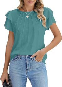 Summer Pleated Short Sleeve Round Neck Top Business Work Shirt (Option: Green-XXL)
