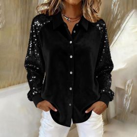 Women's Fashion Sequins Long Sleeve Blouses Casual Solid Long Sleeve Turn-down Collar Button Shirts Top Women Holiday Streetwear Clubwear Clothes (Option: Black-2XL)