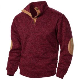 Men's Stand Collar Knitted Joint Stitching Casual Jacquard Cardigan Sweater (Option: Wine red-L)
