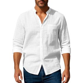 Long Sleeve Stand Collar Shirt With Pockets Casual Men's Clothing (Option: White-XXXL)