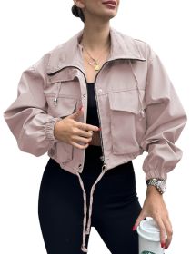 Solid Color Women's Short Jacket Zipper Trench Coat (Option: Pink-XXL)