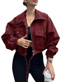 Solid Color Women's Short Jacket Zipper Trench Coat (Option: Wine red-L)