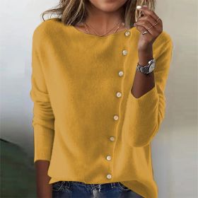 Elegant Round Neck Long Sleeve Button Sweater For Women Fall Spring Knitted Sweaters Tops (Option: Yellow-L)