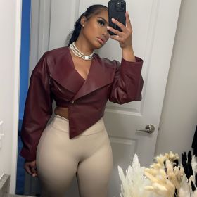 PU Leather Solid Color Casual Coat For Women (Option: Wine red-Xl)