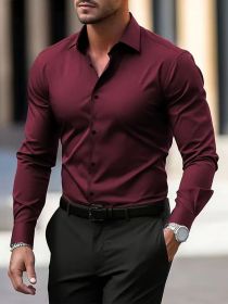 Men's Shirt Business Button Down Shirt Summer Solid Color Long Sleeve Lapel Vacation Shirt Fashion Temperament Casual Tops (Option: Wine red-M)