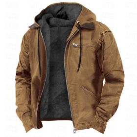 Winter Hooded Coat With Pockets Fashion Warm Fleece Zip-up Jacket Casual Outwear Men's Clothing (Option: Camel-4XL)