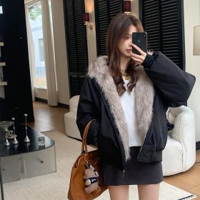 Short Stitching Casual Fashion Trends Loose Cotton Coat (Option: Black-XL)