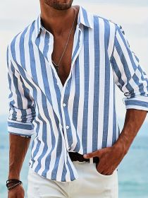 Men's Yarn-dyed Striped Casual Loose Long-sleeved Shirt (Option: HDCS05 Blue-L)