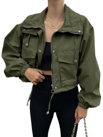 Solid Color Women's Short Jacket Zipper Trench Coat (Option: Army Green-XL)