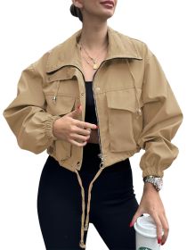 Solid Color Women's Short Jacket Zipper Trench Coat (Option: Khaki-XXL)
