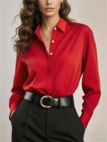 Women's Solid Color Loose Button Lapel Shirt (Option: Red-Xl)