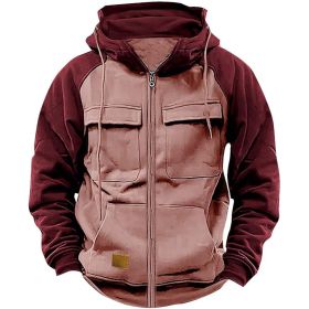 Men's Hoodie Youth Sports Multi-pocket Workwear (Option: Pink-L)