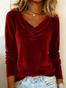 Elegant Velvet Long Sleeve Shirts For Women Fall Spring Solid Color Loose Women Blouses Fashion Pullover Tops Party Clothes (Option: Red-L)
