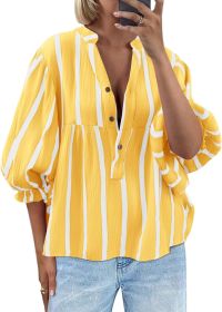 Women's Striped Shirt Puff Sleeve Loose Top (Option: Yellow-L)