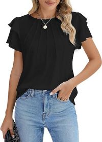 Summer Pleated Short Sleeve Round Neck Top Business Work Shirt (Option: Black-XXL)