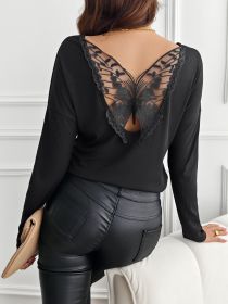 Women's Solid Color Back Stitching Pansy Rib Long-sleeved T-shirt (Option: Black-L)