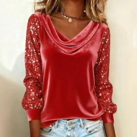 Elegant Velvet Long Sleeve Shirts For Women Autumn Winter Solid Color Loose Women Blouses Fashion Pullover Tops Party Clothes (Option: Red-L)