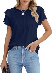 Summer Pleated Short Sleeve Round Neck Top Business Work Shirt (Option: Dark Blue-XXL)